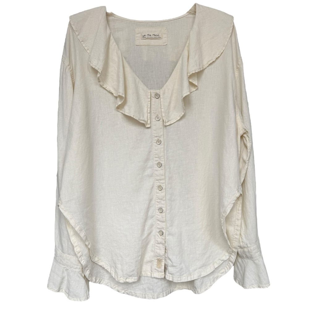 Free People Cream Ruffle Collar Button-Up Top